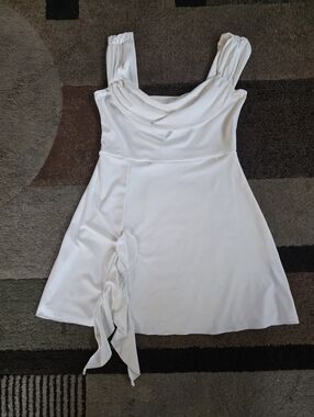 White Sleeveless Cowl Neck A-Line Dress